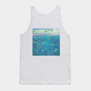 under the sea,blue sea,sea creatures,Turtle, puffer fish, starfish, shrimp, shark, tropical fish, sea horse, seaweed, sardines, squid, crabs, clams Tank Top